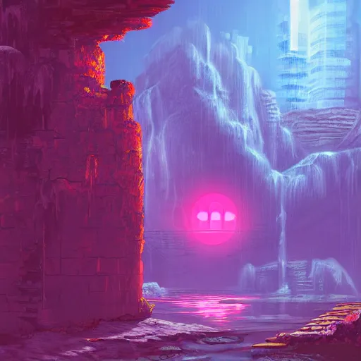 Prompt: ancient ruins and waterfalls, retrowave art, cyberpunk, trending on art station