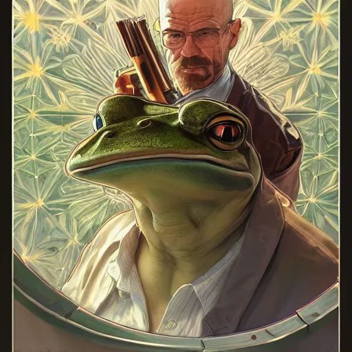 Image similar to a frog and walter white, intricate, highly detailed, digital painting, artstation, concept art, smooth, sharp focus, illustration, unreal engine 5, 8 k, art by artgerm and greg rutkowski and alphonse mucha