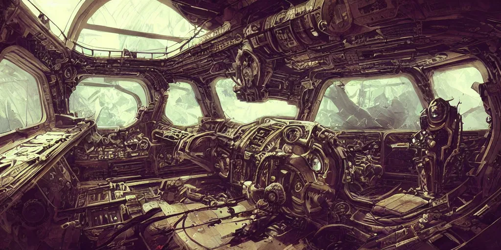 Image similar to steampunk spaceship interior, kim jung gi style, Greg Rutkowski, Zabrocki, Karlkka, Jayison Devadas, trending on Artstation, 8K, ultra wide angle, zenith view, pincushion lens effect