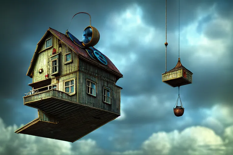 Image similar to photorealistic flying house, many details, Ultra detailed, octane render, by Alexander Jansson