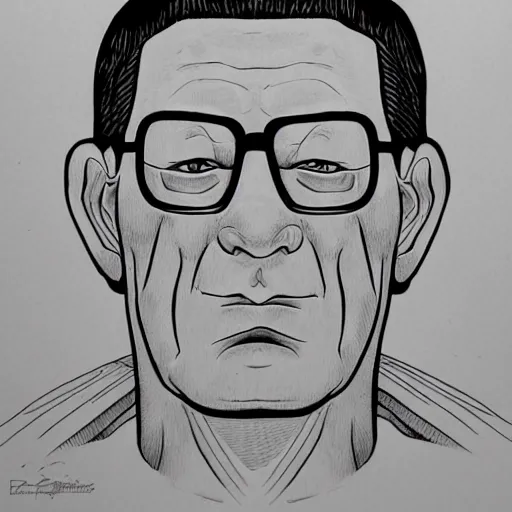 Image similar to Hank Hill, by Escher, portrait black and white, background DMT colors, drawing