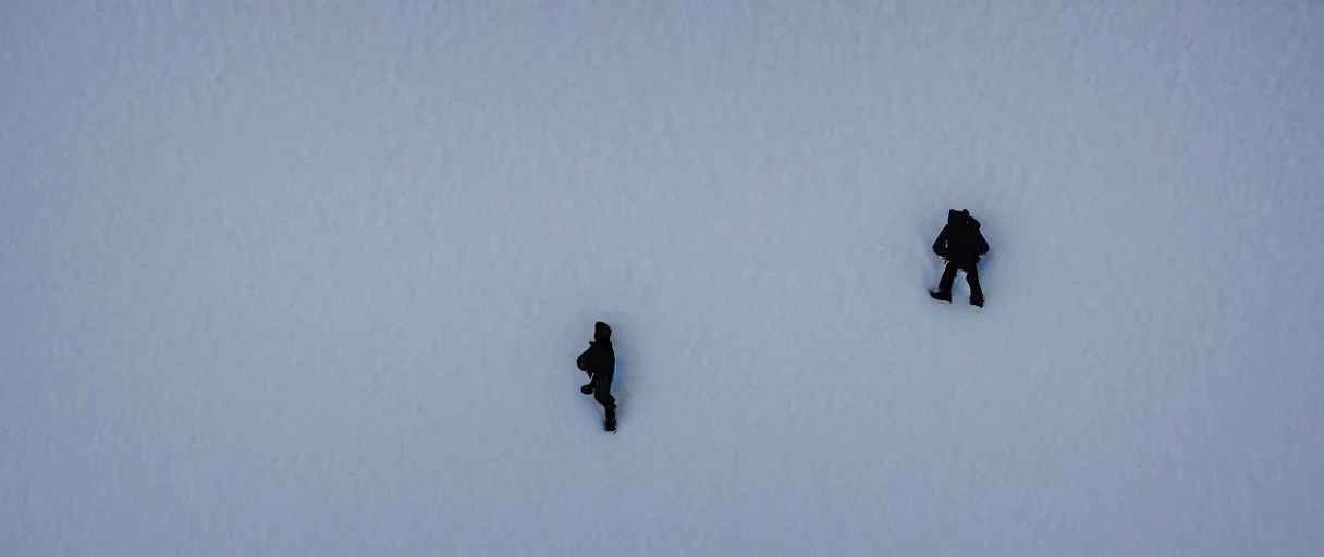 Image similar to top view extreme closeup movie like 3 5 mm film photograph of the silhouette of a man from the knees down wearing heavy boots walking through the antarctic snow during a heavy blizzard