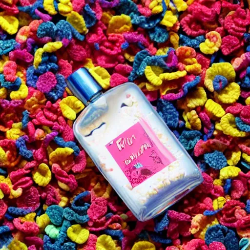 Prompt: a bottle of Kilian Love Don't Be Shy perfume, Love Don't Be Shy by Kilian, the bottle of perfume is laying on cereal, the cereal is Kelloggs Fruity Pebbles, high resolution photo,