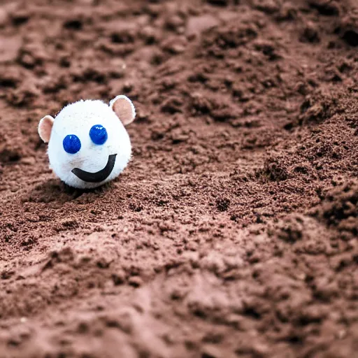 Image similar to photo of a small round creature made of dirt with round blue eyes and a round clown nose and a cute smile