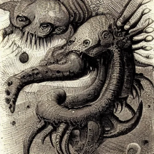 Image similar to bestiary of creatures from the depths of the unconscious psyche