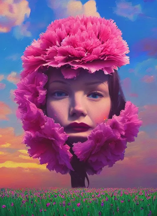 Image similar to portrait of a woman with a giant carnation as a face, flower field, surreal photography, sunset dramatic light, impressionist painting, colorful clouds, blue sky, digital painting, artstation, simon stalenhag