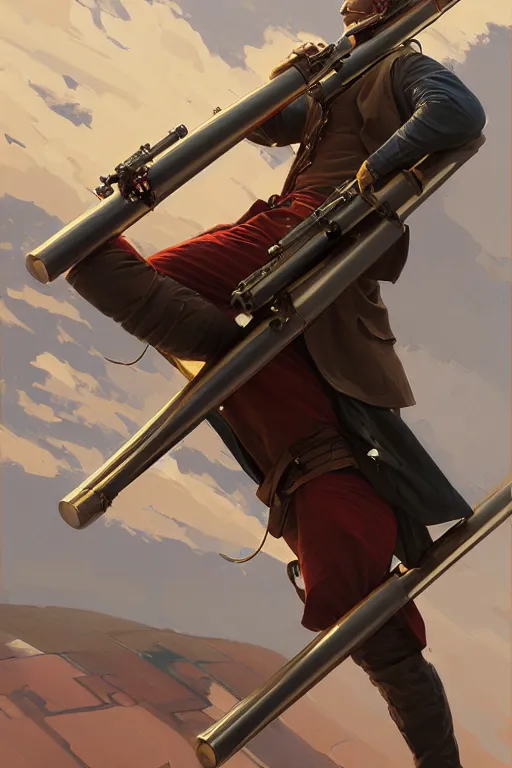 Image similar to man as human cannonball in the modern artillery cannon, realistic painting, symmetrical, highly detailed, digital painting, artstation, concept art, smooth, sharp focus, illustration, cinematic lighting, art by artgerm and greg rutkowski and alphonse mucha