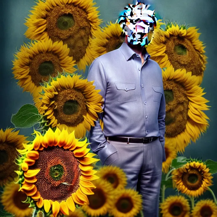 Prompt: photo portrait of Putin - sunflowers - dressed in leisure shirt with ornamental ethereal sunflower pattern, natural skin tone, raging war and explosions in the background, face is highly detailed, elegant, Realistic, Refined, Highly Detailed, natural soft pastel lighting colors scheme, fine art photography by Cecil Beaton, volumetric lighting, hyper realistic photography