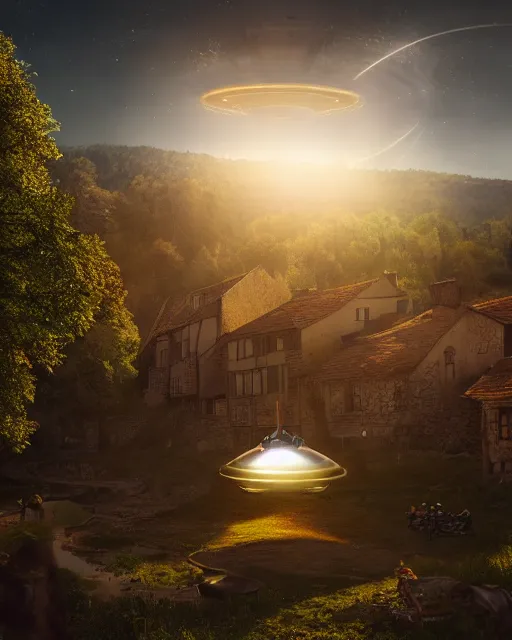 Image similar to ufo landing in medieval village, ultra realistic, lens flare, atmosphere, glow, detailed, intricate, full of colour, cinematic lighting, trending on artstation, 4 k, hyperrealistic, focused, extreme details, cinematic, masterpiece