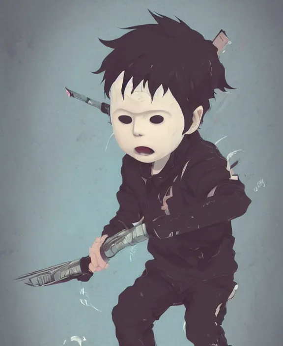 Prompt: cute little boy with black hair anime character inspired by jason voorhees, art by rossdraws, wlop, ilya kuvshinov, artgem lau, sakimichan, jakub rebelka and makoto shinkai, anatomically correct, extremely coherent, highly detailed, sharp focus, slasher movies, smooth, very realistic, symmetrical