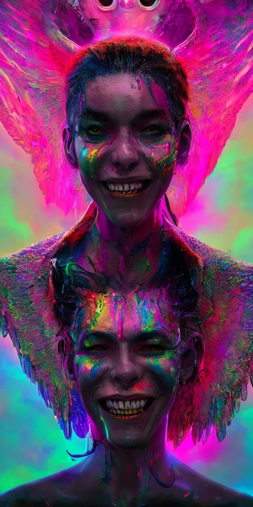 Image similar to impossibly beautiful portrait, dapper dream demon, wings, bad trip, insane smile, intricate complexity, surreal horror, inverted neon rainbow drip paint, trending on art station, photoreal, 8 k, octane render by greg rutkowski