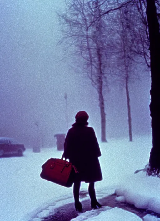 Image similar to emma getting out of taxi in winter, faded color film, russian cinema, tarkovsky, kodachrome, heavy fog, 4 k, dramatic lighting, greg rutkowski