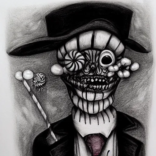 Image similar to macabre charcoal drawing of the candy man by jeremiah ketner | horror themed | creepy