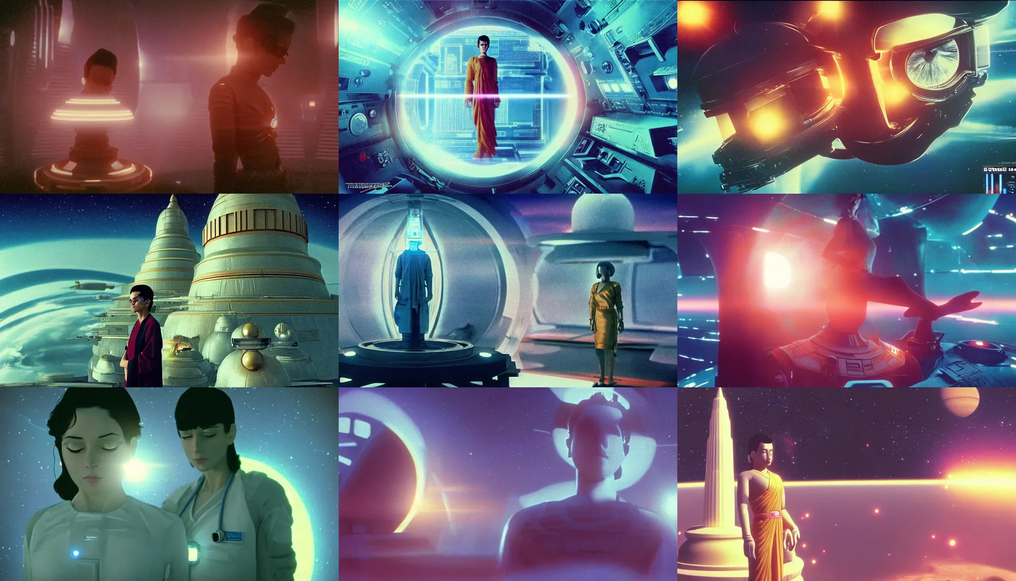 Prompt: Cinestill 50d, 8K, 35mm,J.J Abrams flare; beautiful ultra realistic vaporwave minimalistic shri yantra stupa pilot in space(1950) film still medical bay scene in 2000s frontiers in blade runner retrofuturism fashion magazine September moebius seinen manga style hyperrealism holly herndon edition, highly detailed, extreme closeup three-quarter pointé pose model portrait, tilt shift LaGrange point orbit background, three point perspective, focus on anti-g flight suit;open mouth,terrified, eye contact, soft lighting