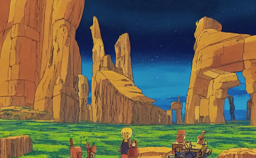 Image similar to a cell - shaded studio ghibli concept art from paprika ( 2 0 0 6 ) of a multi - colored spaceship from close encounters of the third kind ( 1 9 7 7 ) in a flooded monument valley temple stonehenge jungle. a caravan is in the foreground. very dull colors, portal, hd, 4 k, hq