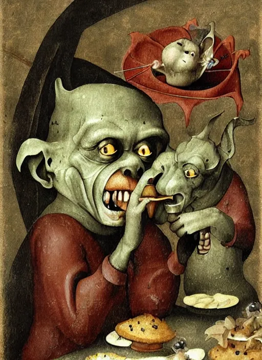 Image similar to medieval goblin eating cakes painted by hieronymus bosch, detailed digital art, trending on Artstation