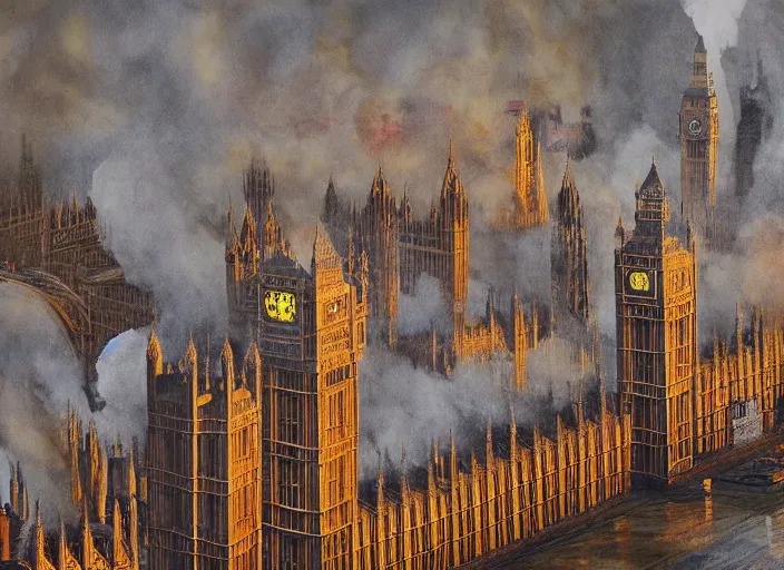 Prompt: London. Houses of Parliament on fire. Realistic hyper detailed intricate photography art.