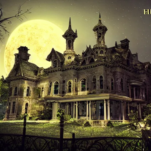 Image similar to large haunted mansion in the mountain side, cinematic, octane render, art station, dramatic lighting, beautiful moonlight night, concept art, rococo, photorealistic, intense detail, 8 k