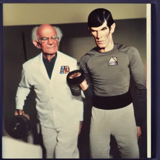 Image similar to a polaroid picture of Dr Emmet Brown and Commander Spock working out in a gym, 4k,