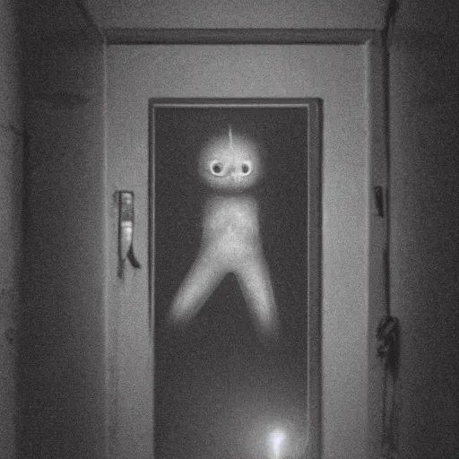 Prompt: an creepy skinwalker with an unnatural smile from the p. t. video game, it is deformed and is staring at the camera from the end of a dark liminal hallway. caught on vhs, film grain, flashlight lighting,