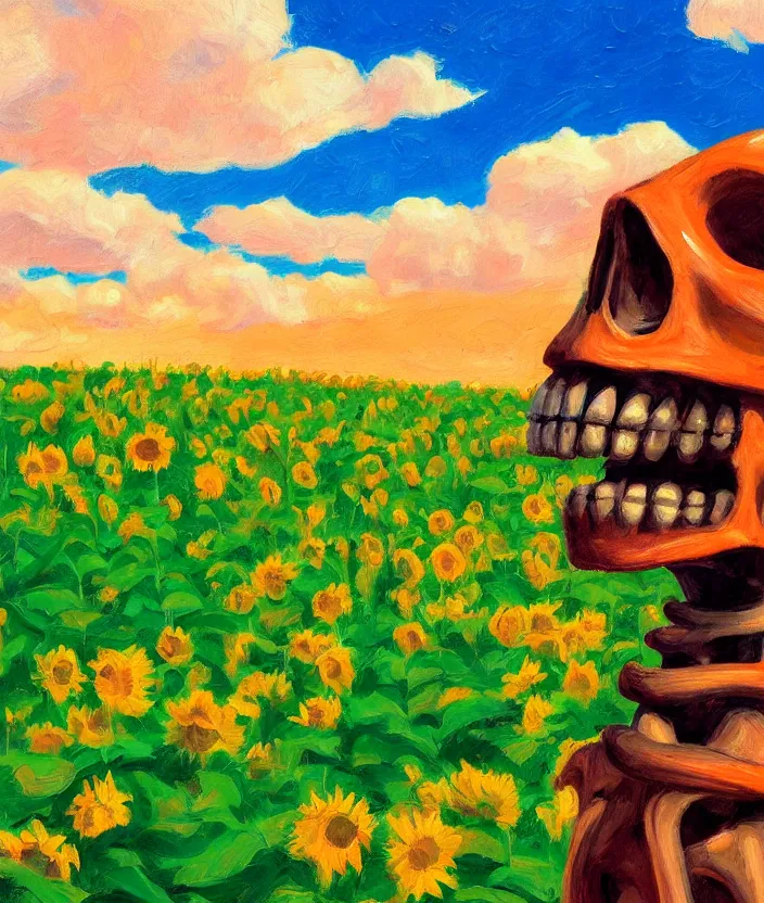 Image similar to a closeup portrait of a skeleton in an orange prisoner overall, standing in beautiful sunflower field, screaming and sad, highly detailed, aesthetic clouds in the sky, in the style of edward hopper, very fine brush strokes, 4 k,