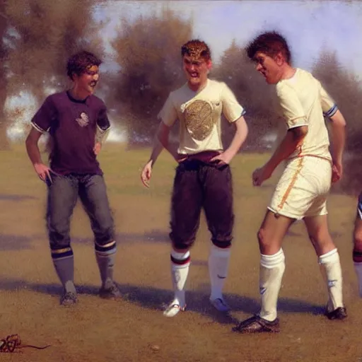 Image similar to 3 attractive male friends bonding time playing soccer. highly detailed painting by gaston bussiere, craig mullins, j. c. leyendecker, 8 k