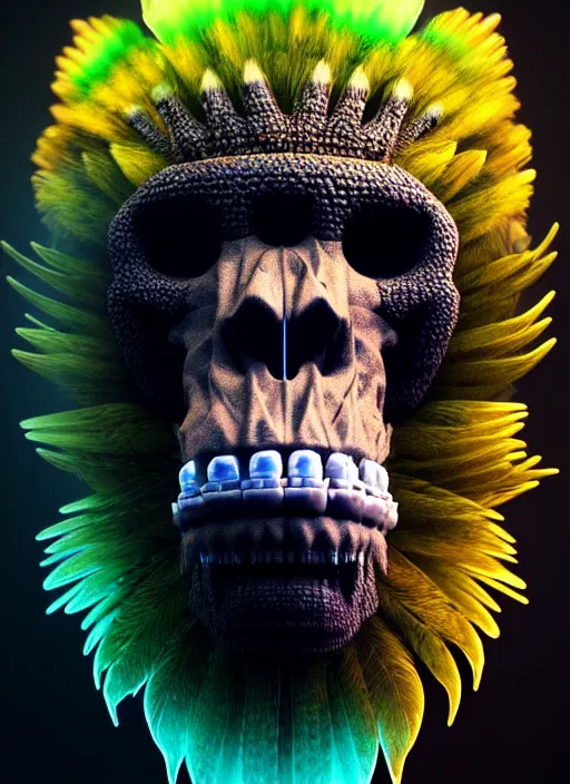 Image similar to 3 d ape shaman profile portrait, sigma 5 0 0 mm f / 5. beautiful intricate highly detailed quetzalcoatl skull and feathers. bioluminescent, plasma, lava, ice, water, wind, creature, thunderstorm! artwork by tooth wu and wlop and beeple and greg rutkowski, 8 k trending on artstation,