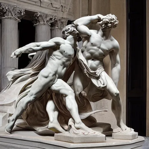 Image similar to the dramatic scene of a epic fight between Zeus and Chronos statue sculpted in polished brownish marble by Bernini