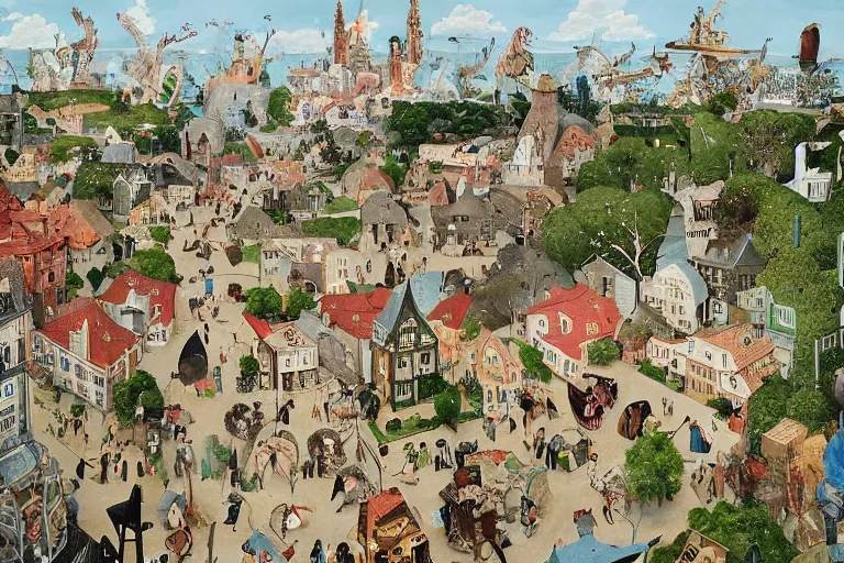 Image similar to an elaborate and dense painting of a peaceful neighborhood, detailed, made of alcohol ink on parchment and penned illustrations, by wes anderson!!!!!!!! and ( ( ( ( ( ( ( ( ( ( hieronymus bosch ) ) ) ) ) ) ) ) ) ) and geoff darrow!!!!!!!!