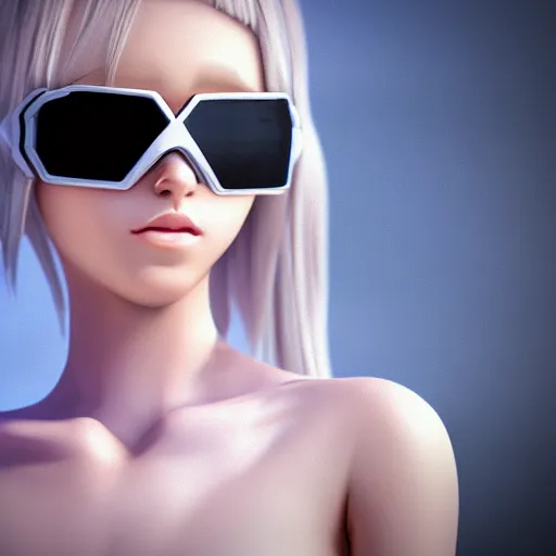 Image similar to photo of beautiful anime girl artist on a white background wearing black big goggles, 4K, redshift render, unreal engine, trending on artstation, depth of field