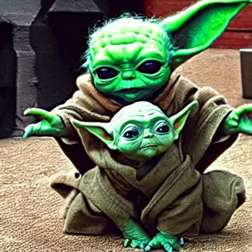 Prompt: baby yoda fighting baby Darth vader