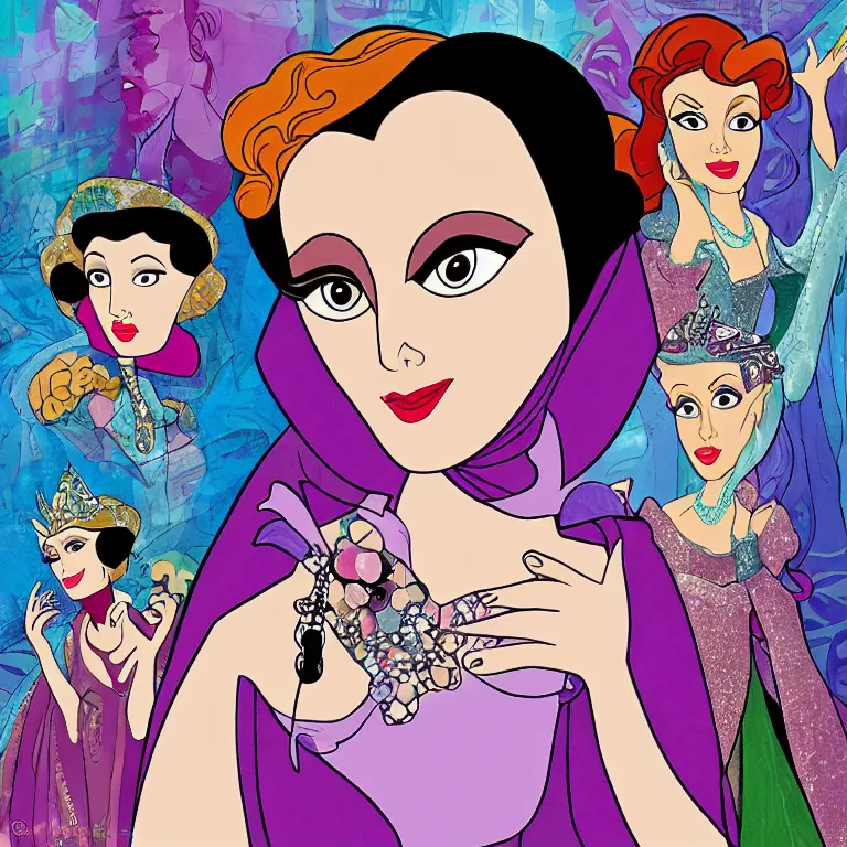 Image similar to Norma Desmond as a Disney Princess, in the style of a colorful Disney cartoon
