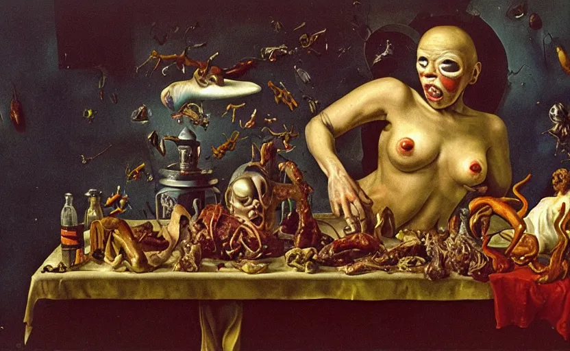 Image similar to strange full woman body, disturbing colorful oil painting dutch golden age vanitas still life sparse composition with bizarre objects strange gooey transparent surfaces shiny metal reflections bizarre mutant meat insects rachel ruysch dali todd schorr very detailed perfect composition rule of thirds masterpiece canon 5 0 mm, cinematic lighting, photography, retro, film, kodachrome