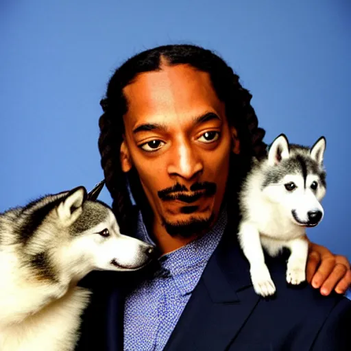 Image similar to anthropomorphic husky holding Snoop Dogg for a 1990s sitcom tv show, Studio Photograph, portrait, C 12.0