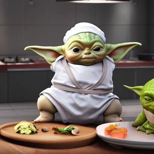 Prompt: curious innocent tiny chubby babyfat baby yoda as chef wearing white chefs hat and white apron, offering a plate of food, vegetables, photography, hyperrealism, unreal engine, octane 3 d render, houdini, unity 3 d, highres, adobe premier pro, trending on artstation, trending on deviantart, thisistheway