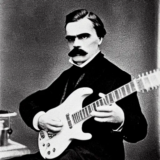 Prompt: Friedrich Nietzsche wearing an all-black outfit and playing an electric guitar in a bar, 8k, cinematic