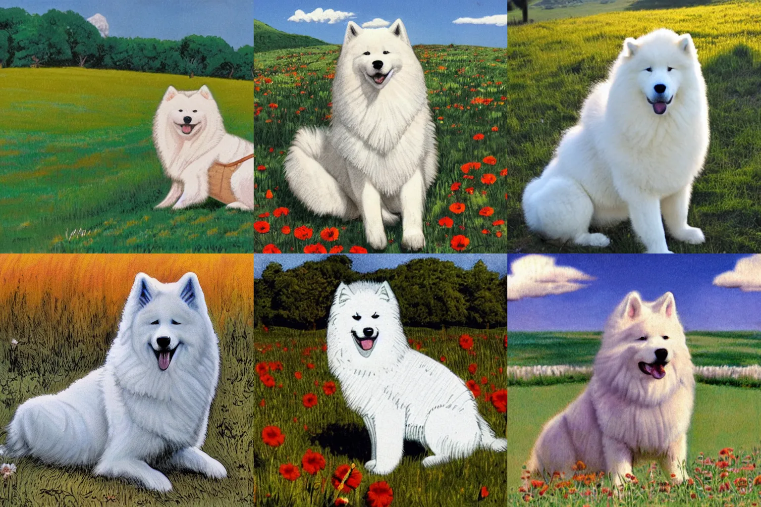 Prompt: a samoyed dog sitting in the middle of sunny meadow, by Joe Kubert