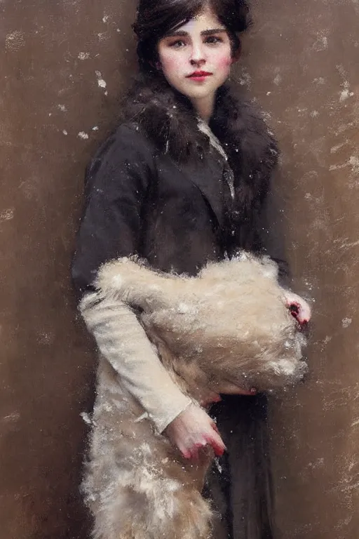 Image similar to Richard Schmid and Jeremy Lipking full length portrait painting of a young beautiful edwardian girl hold a victorian fur handwarmer standing in the snow