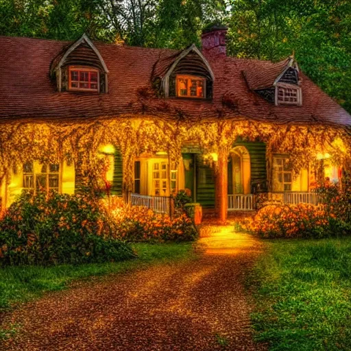 Image similar to Charming Halloween Cottage with Autumn Leaves Flowers and vines growing up the side at dusk magical lighting lightning bugs HDR