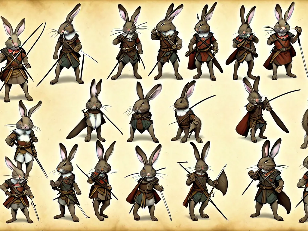 Prompt: character design sheet for a group of heroic rabbit archers on a parchment background, redwall, greg rutowski and jean baptiste monge, very very detailed, epic fantasy concept art