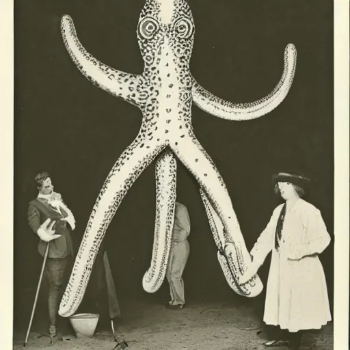 Image similar to giant octupus performing on a circus, 1 9 2 0, vintage photography, colored, realistic