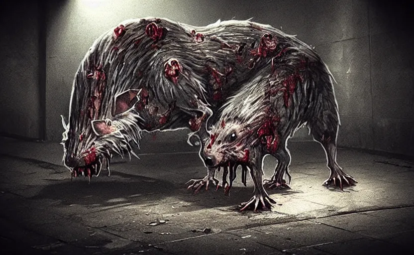 Image similar to very large giant mutant zombie rat with cancer in tonnel of metro. extreme high detail. low dark light, scary atmosphere.