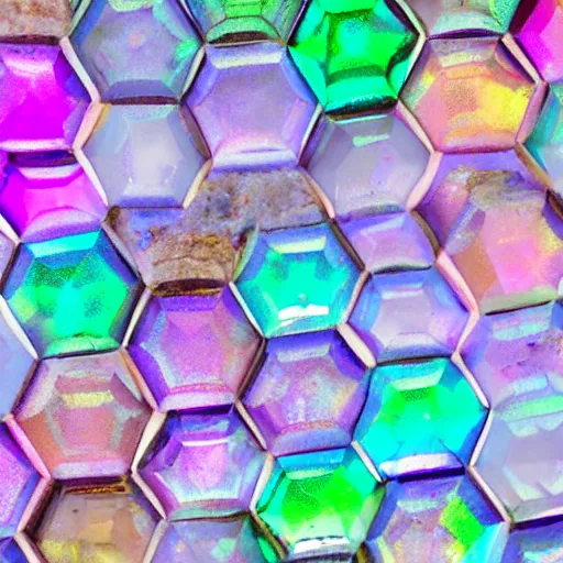 Prompt: pattern of joined hexagonal clear quartz crystals, with a high refractive index, through which is clearly visible the beatific richly multicoloured lights of paradise, exquisitely clear and hyper realistically sharp,