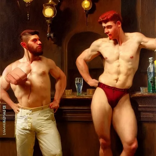 Prompt: drinking their hearts out, in a pub. shorts, attractive muscular male with red hair, and attractive muscular male with black hair. very defined and highly detailed painting by j. c. leyendecker, gaston bussiere, craig mullins 8 k