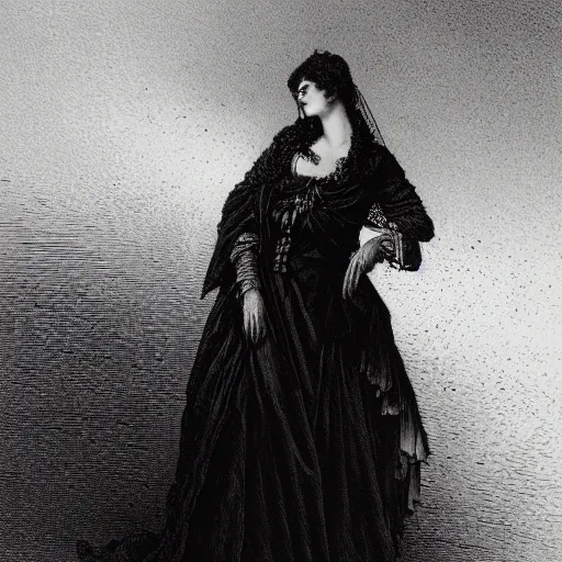 Image similar to Woman in a victorian dress, dramatic light, high contrast, illustration by Paul Gustave Doré