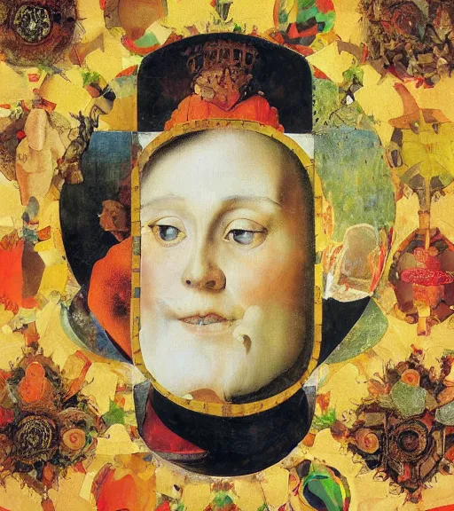 Prompt: an oil painting by arcimboldo, by fra angelico, by botticelli, by norman rockwell, by georgia o keeffe seen through a kaleidoscope, detailed, high resolution, scratches,