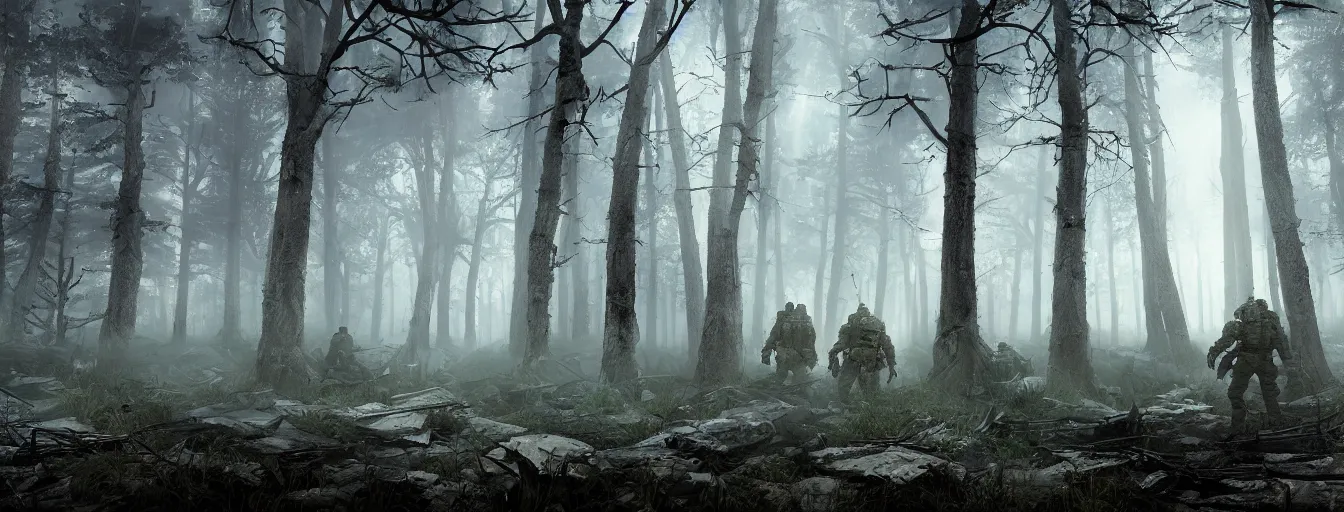 Image similar to dark foggy forest with military mechwarriors seeking with volumetric lights for people, postapocalyptic style, high detail, dramatic moment, motion blur, ground fog, dark atmosphere, saturated colors, by darek zabrocki, render in unreal engine - h 7 0 4