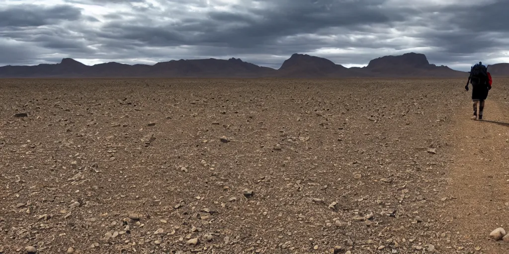 Prompt: a wide angle shot of a solitary hiker walking through a dessert, vision quest