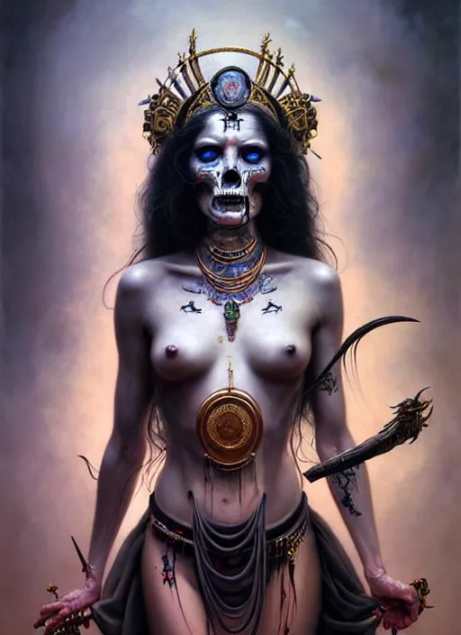Prompt: hyper realistic portrait painting, beautifully rendered, gorgeous young goddess of death with ceremonial markings and ritualistic tattoos, highly detailed painted by peter mohrbacher, hajime sorayama, wayne barlowe, boris vallejo, paolo eleuteri serpieri, dishonored 2, dark and moody, black smoke