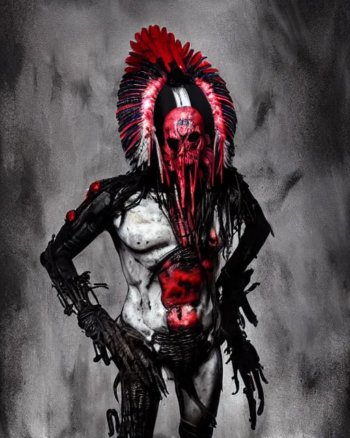 Image similar to xenomorph - human pyromancer ghost - spirit of the grim - warpaint wears the scarlet skull armor and native blood headdress feathers, midnight fog - mist!, dark oil painting colors, realism, cinematic lighting, various refining methods, micro macro autofocus, ultra definition, award winning photo, photograph by ghostwave - gammell - giger - shadowlord